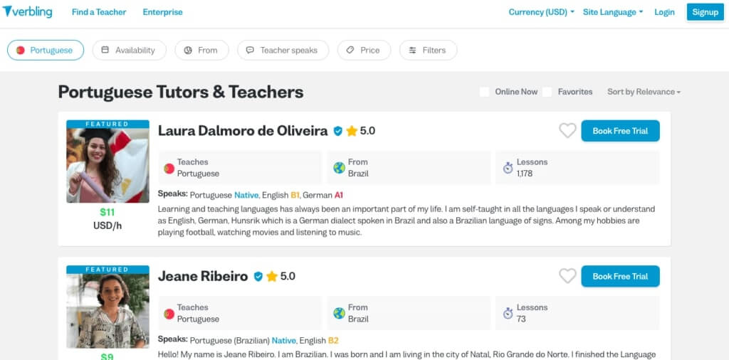 Portuguese tutors on Verbling