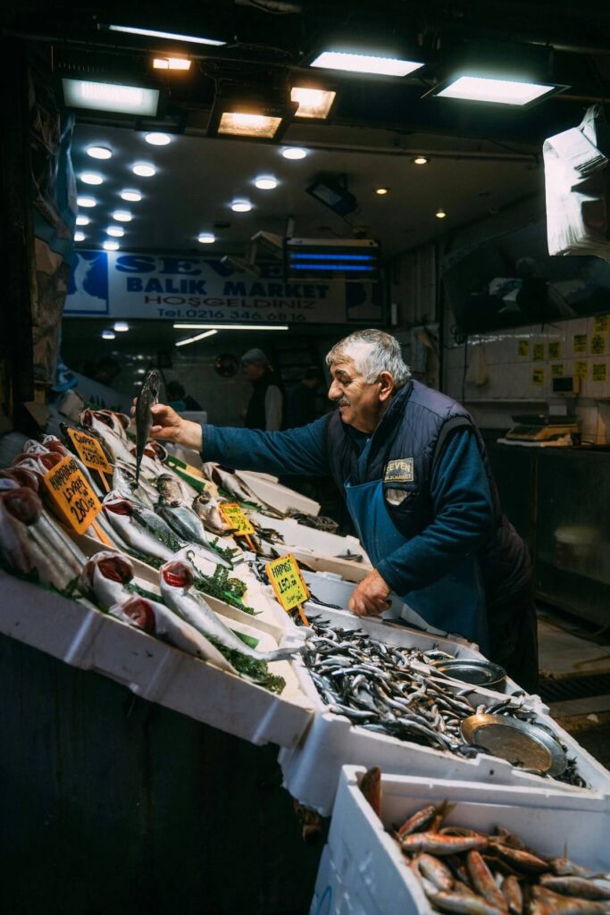 fishmonger in Turkish bazaar