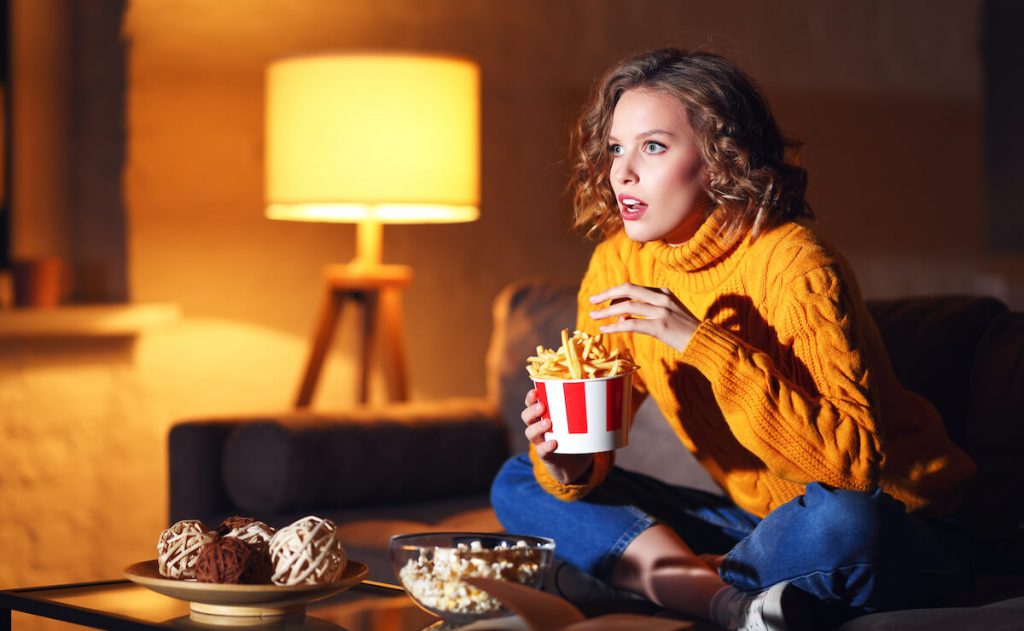 Watching tv with popcorn