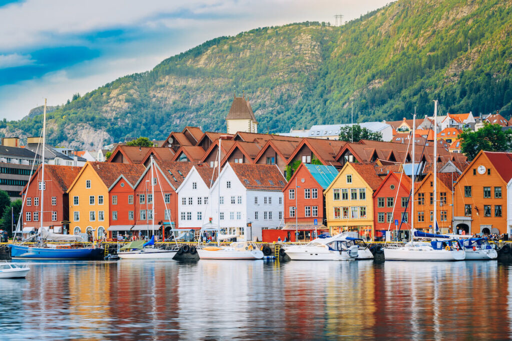 View of historical buildings in Bryggen-Hanseatic wharf in Bergen, Norway