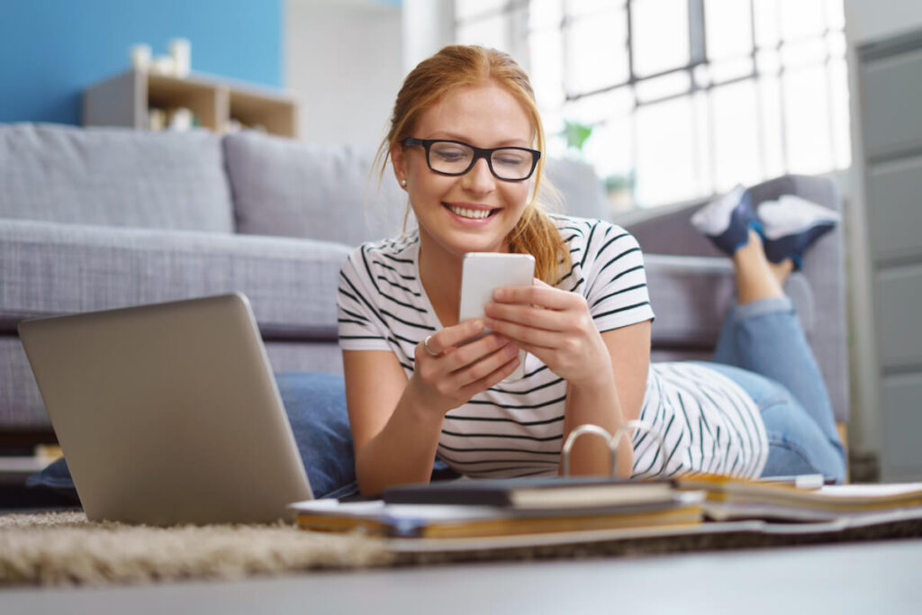 Girl using an app to learn Indonesian