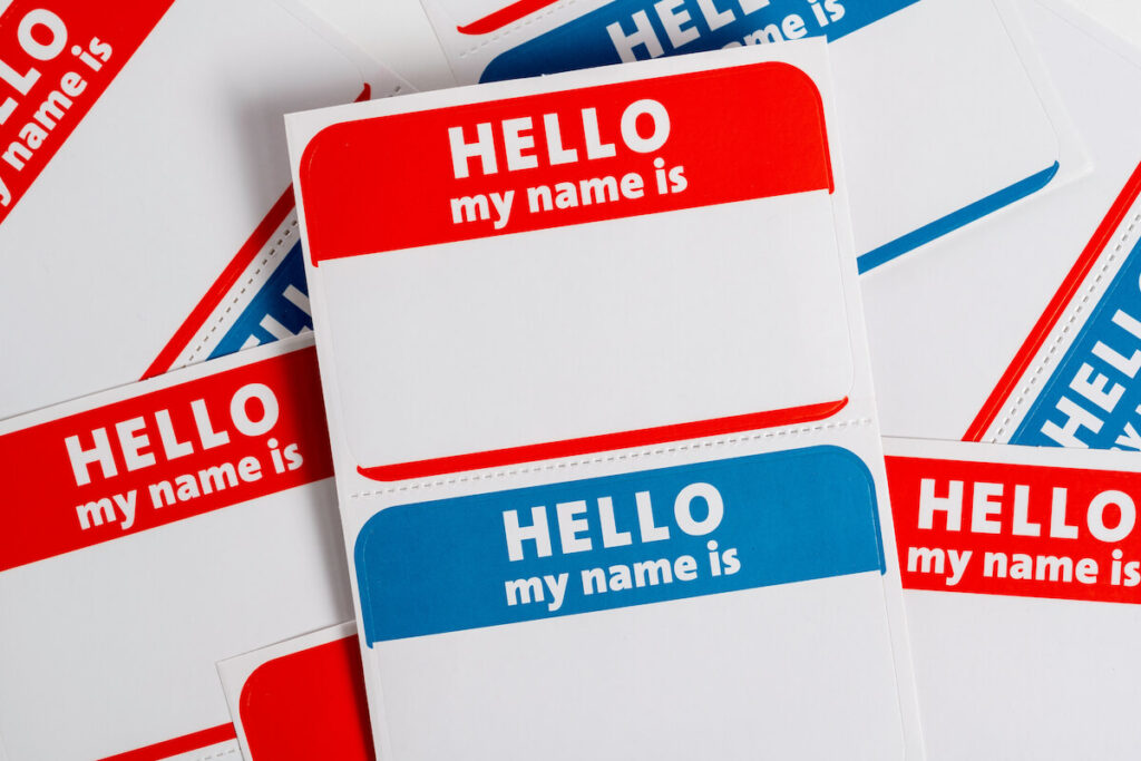 name tags in red and blue