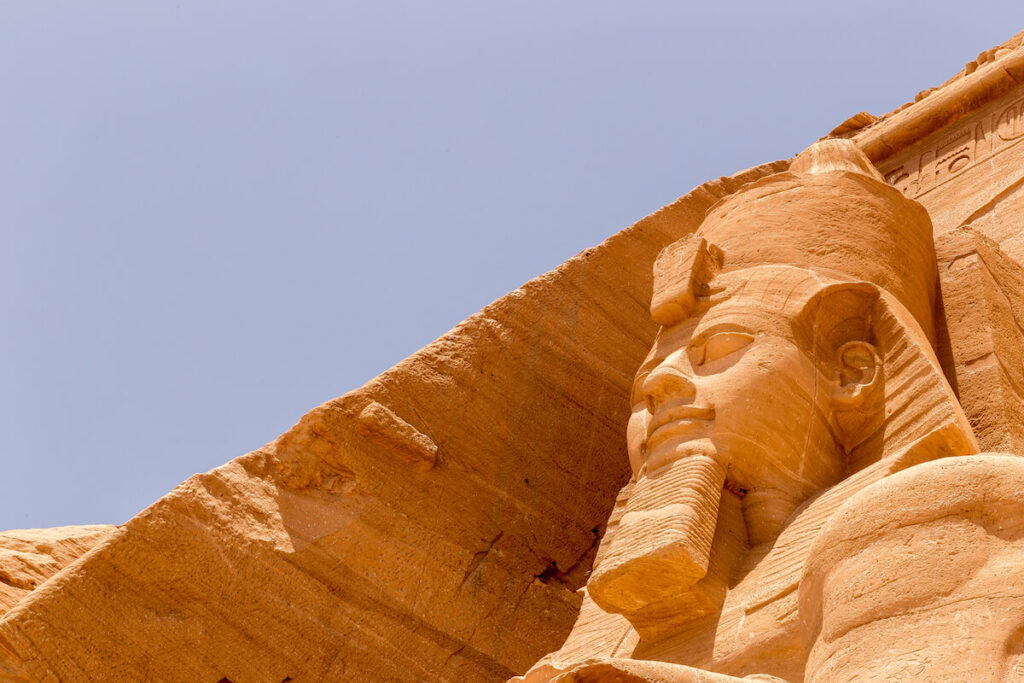 Statue of Pharaoh Ramesses II at the Great at the Great Temple of Abu Simbel on the border of Egypt and Sudan