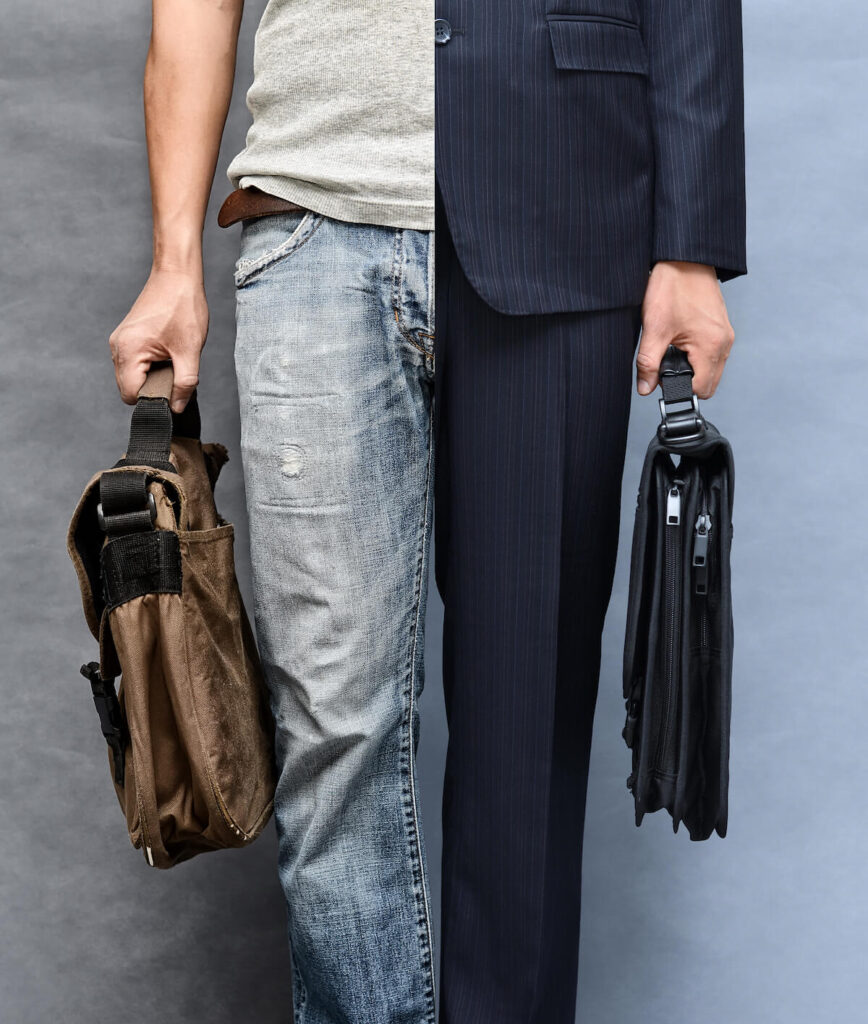 Casual and formal look side by side