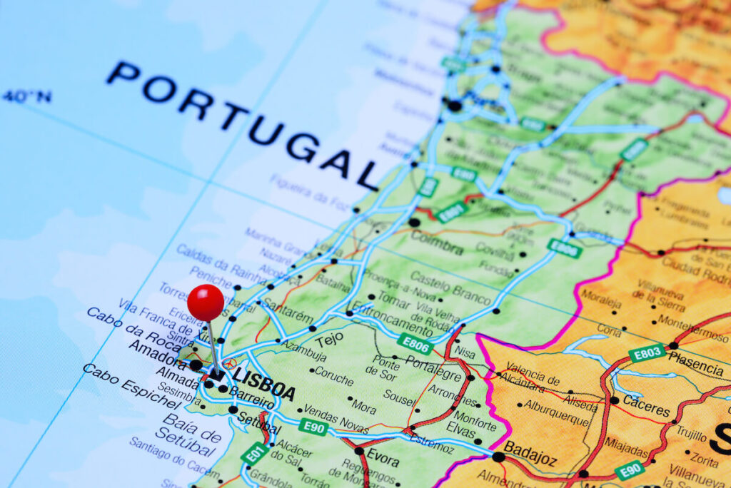 Lisbon pinned on a map of Portugal