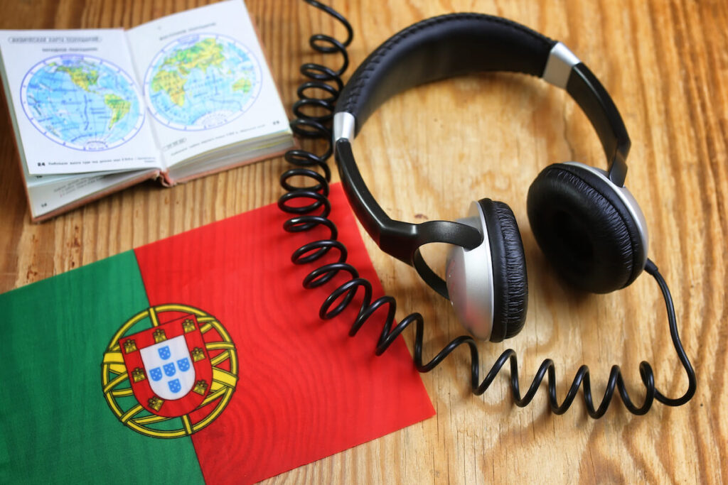Portuguese language course headphone and flag