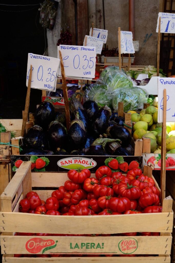 crates of produce in Palermo market