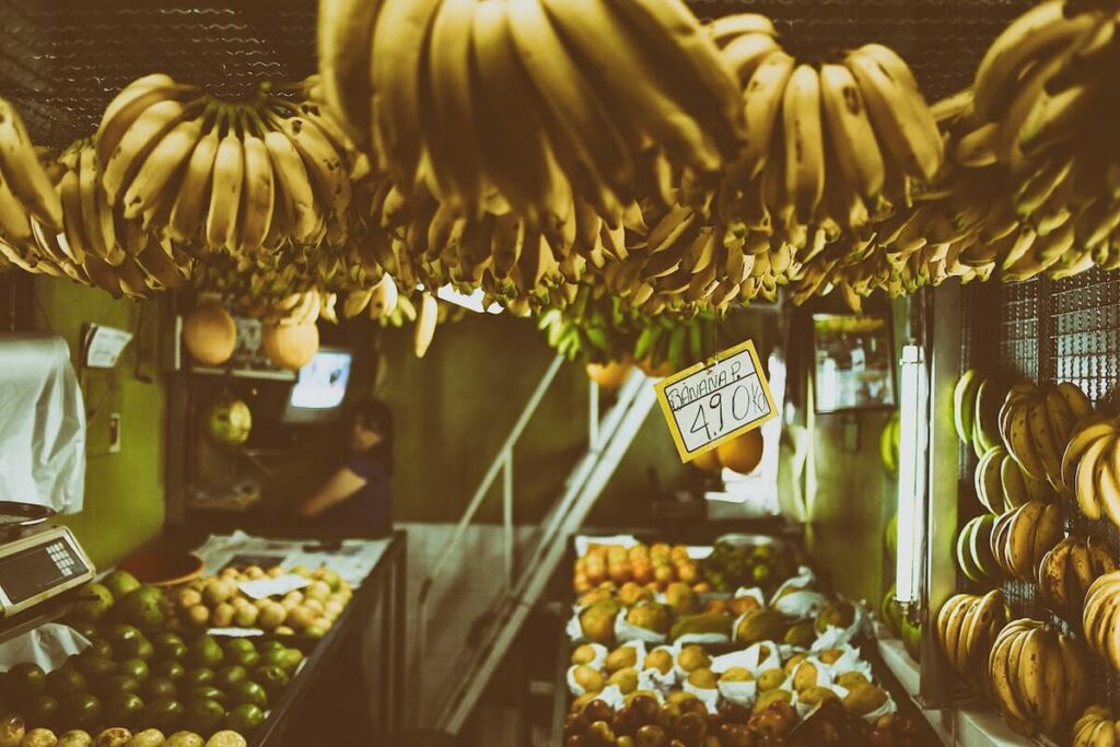 Bananas on display in a market in Brazil