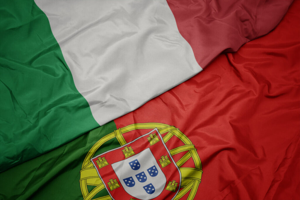 waving colorful flag of portugal and national flag of italy