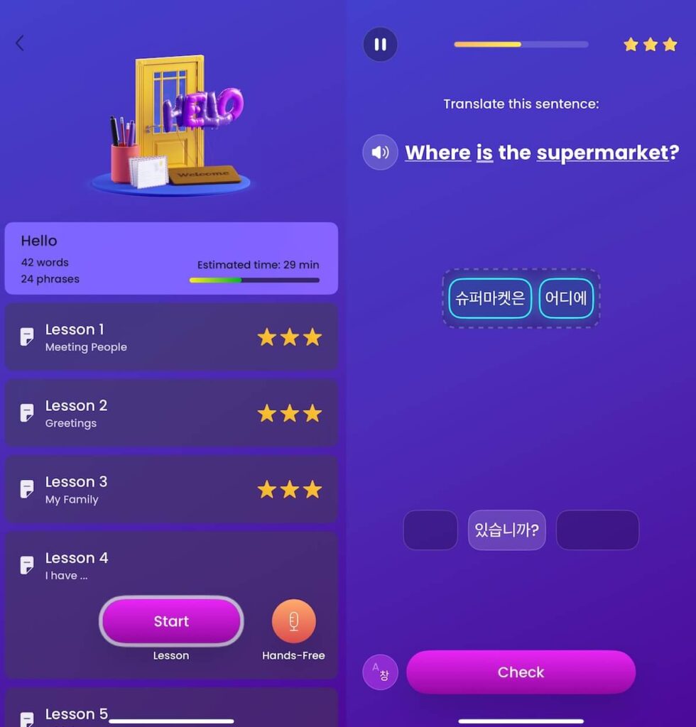 Mondly's "Hello" module and a screenshot of a lesson