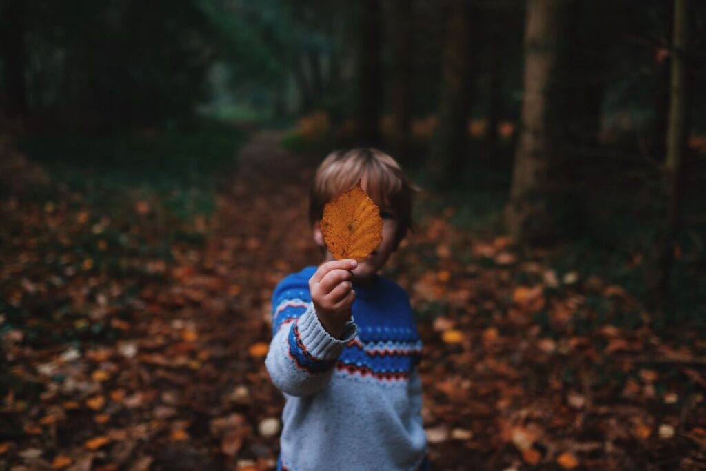 boy holding fallen leaf