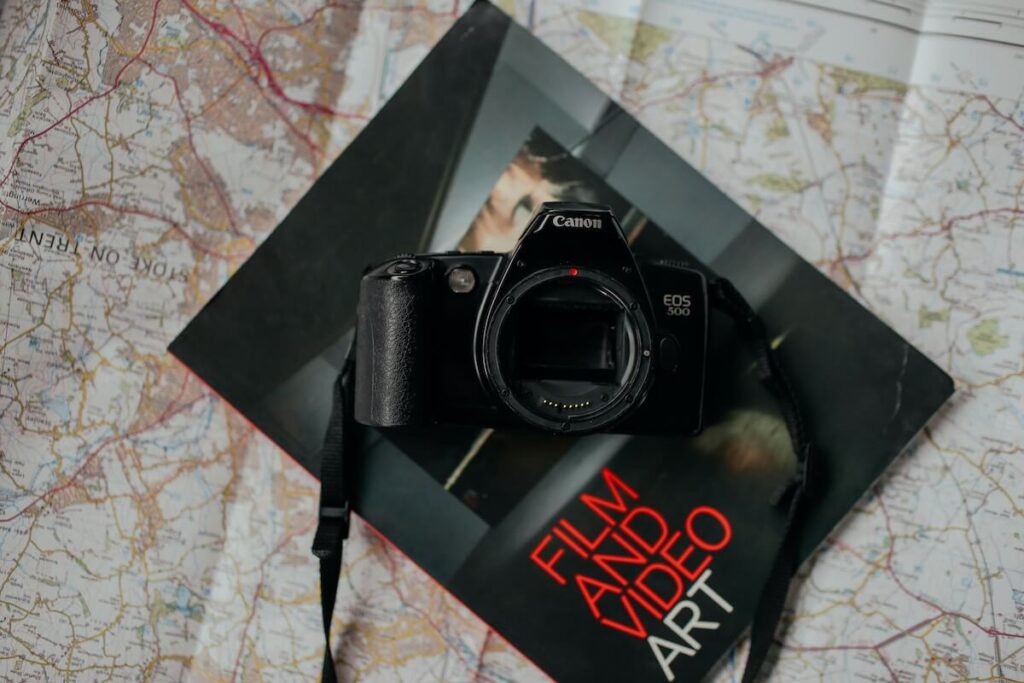 camera on book on map