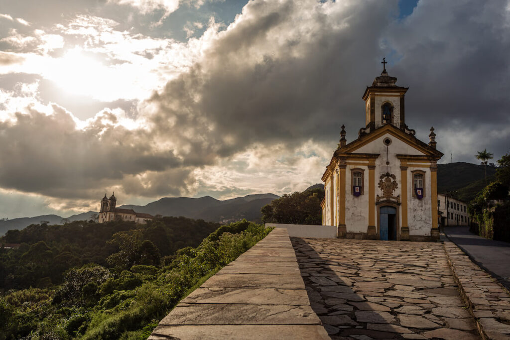View of Ouro Preto with the churches of Nossa Senhora das Mercês and Misericórdia and São Francisco de Paula
