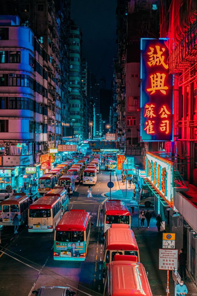 buses in Mongkok at night