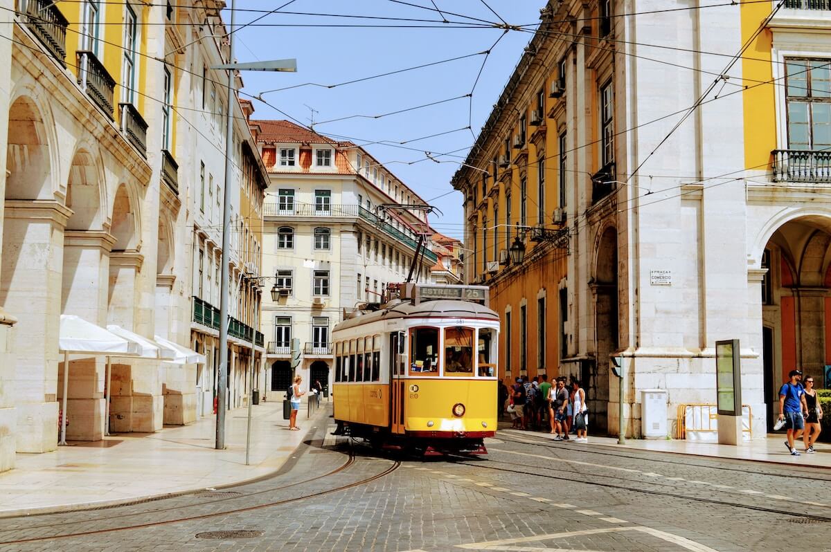 yellow tram downtown Lisbon