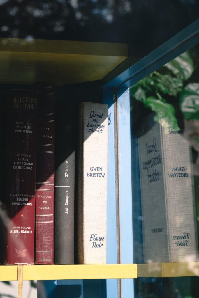 Reflection of French books in a public pop up library