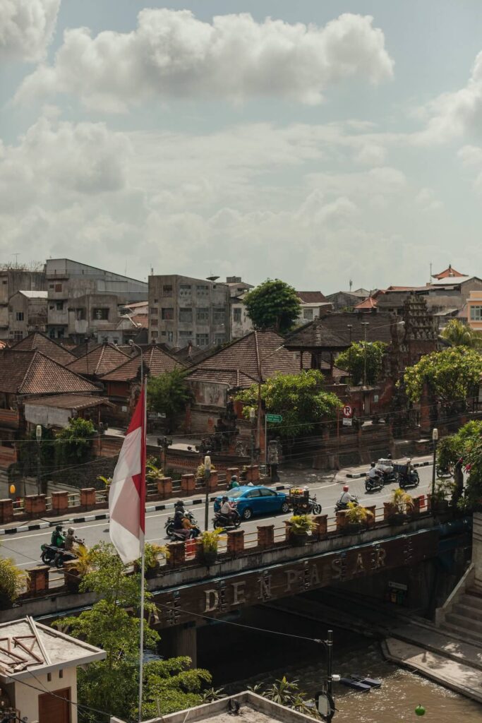flag waving near bridge in Denpasar, Bali, Indonesia