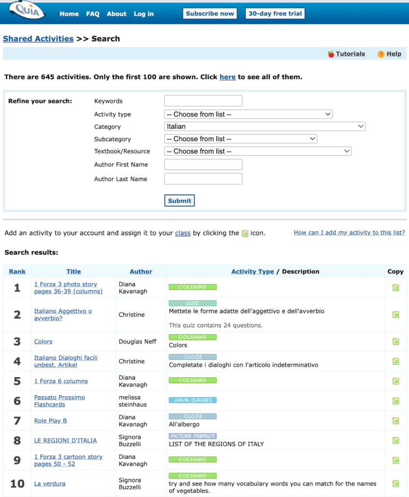 Learn Italian on Quia