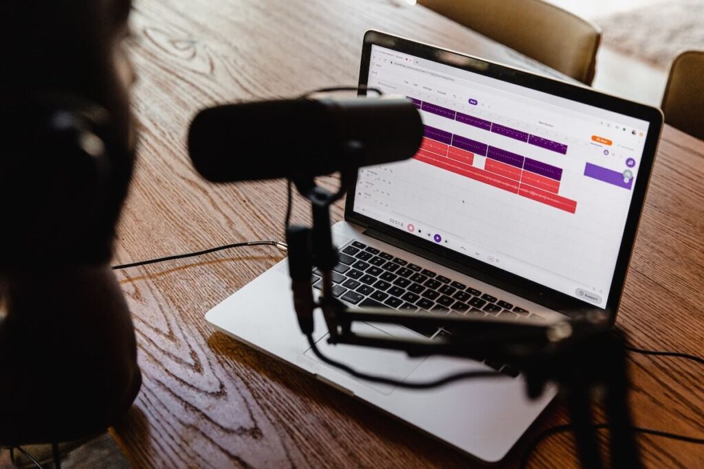 person speaking into mic in front of computer