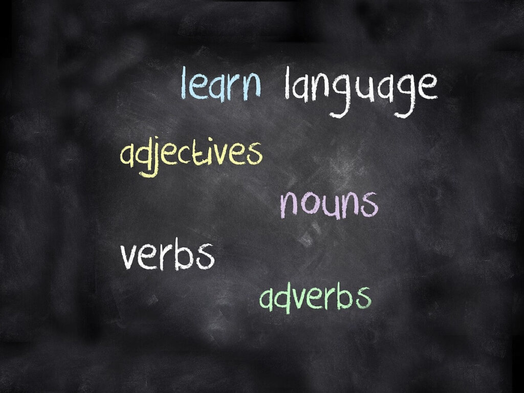 English grammar words on blackboard