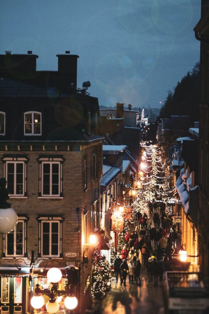 busy town street at christmastime