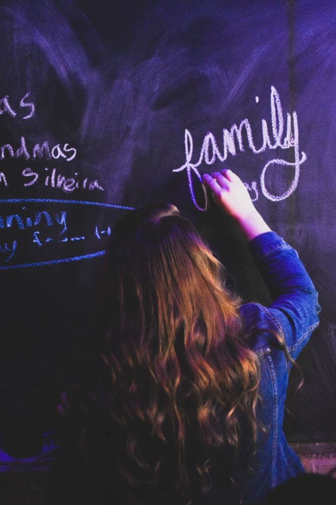 Woman writing family on chalkboard