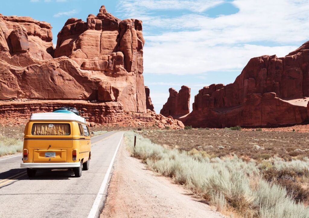 yellow van crossing us desert