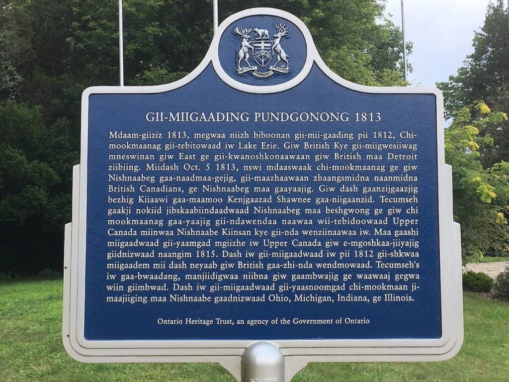 Ontario Heritage Trust plaque in Ojibwe at the Battle of Thames/Tecumseh monument