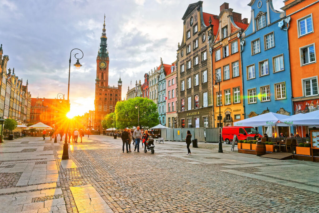 City Hall at Dlugi Targ Square in the old city center of Gdansk at sunset, in Poland