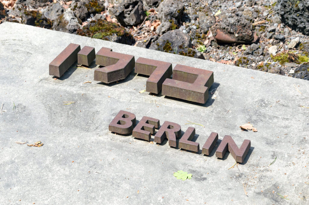 Berlin city name in Yiddish at Belzec extermination camp memorial in Poland