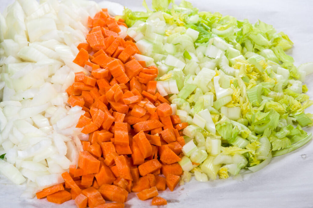 Preparation of carrots, onions and celery for soffritto