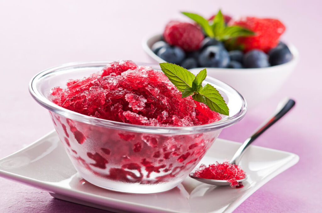 Closeup of strawberry granita in cup