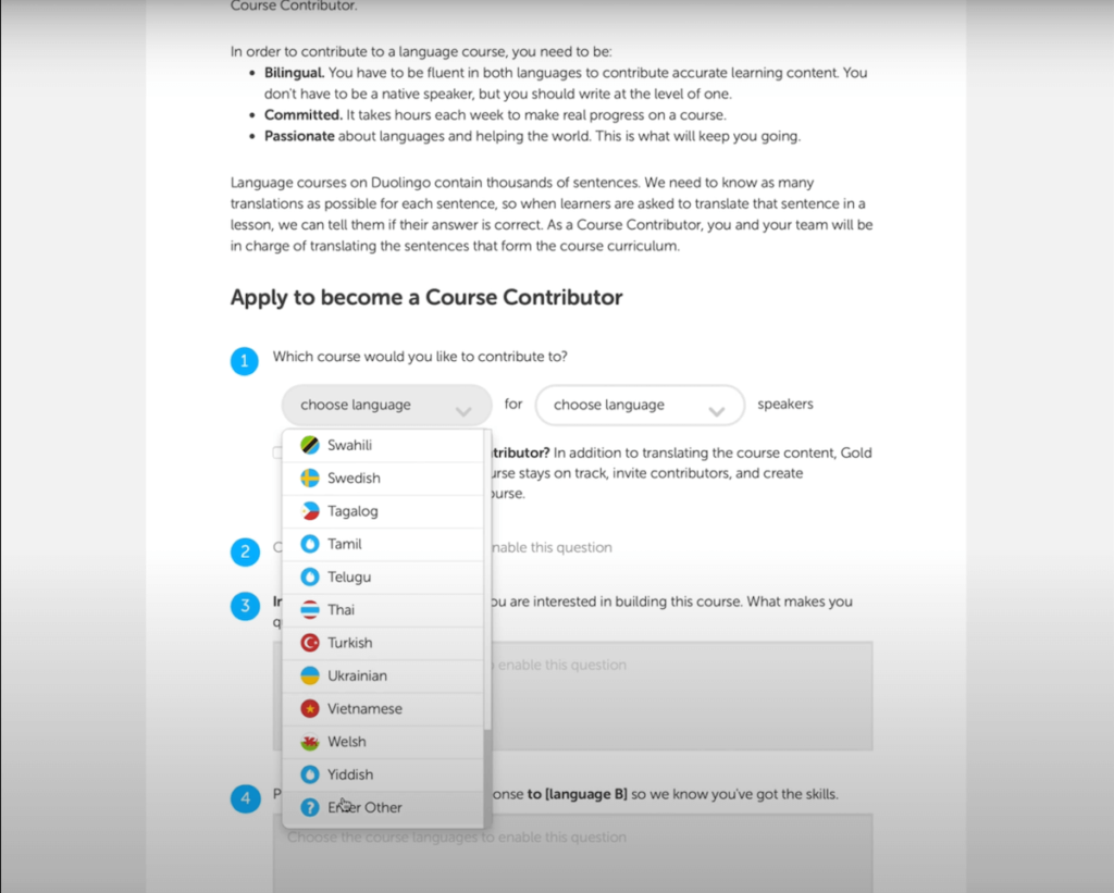application page for Duolingo Incubator/Contributor program