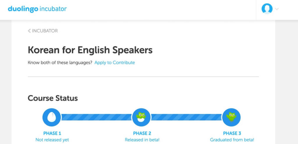 Duolingo Incubator showing Korean course development