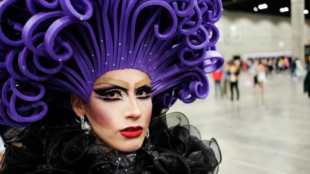 purple headpiece drag queen