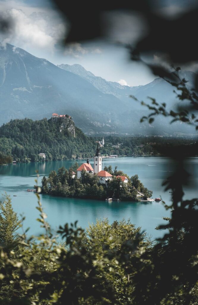 view of Slovenia's Lake Bled from trees