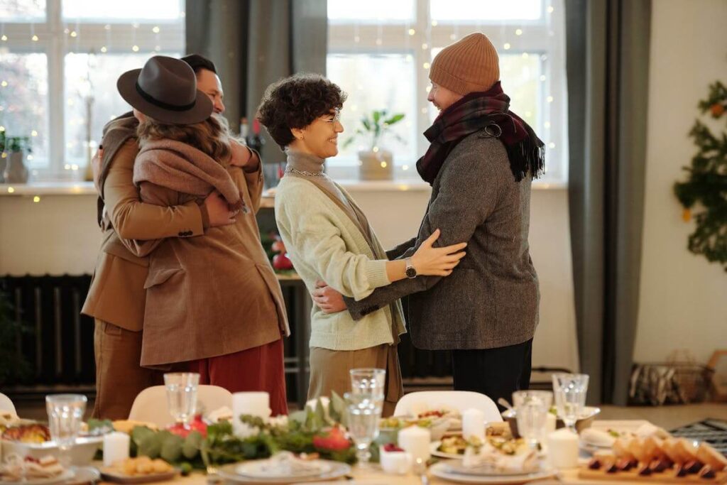 friends greeting each other on a holiday