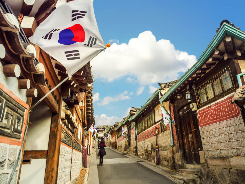 Korean flag waving on Bukchon Hanok Village in Seoul
