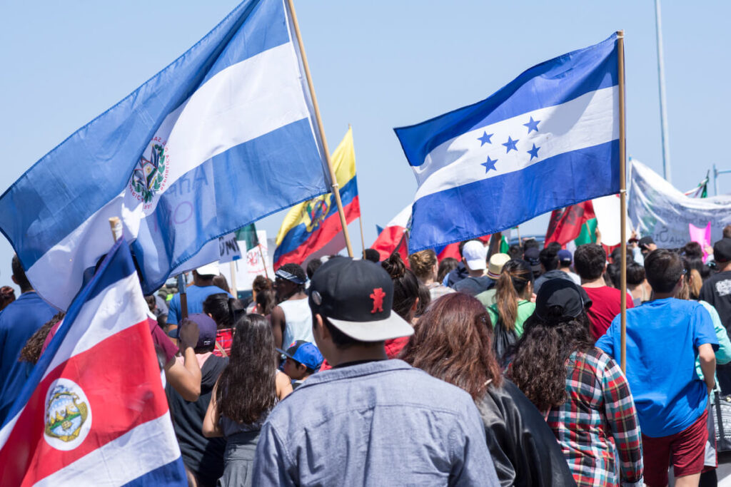 latin american flags at march