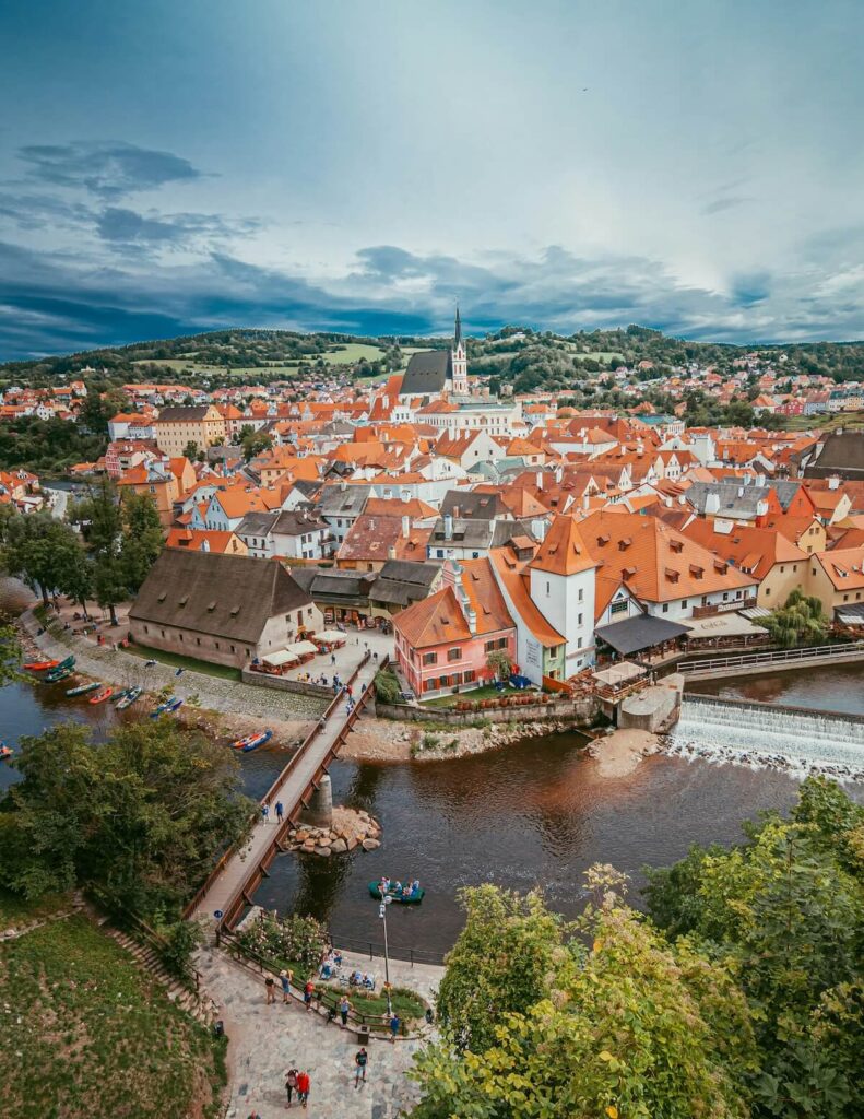 aerial shot of Cesky Krumlov old town