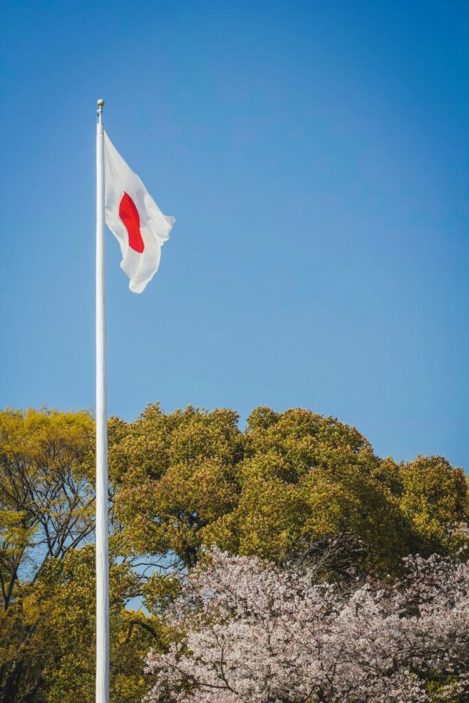 Japanese flag in a flagpole near cherry blossom trees
