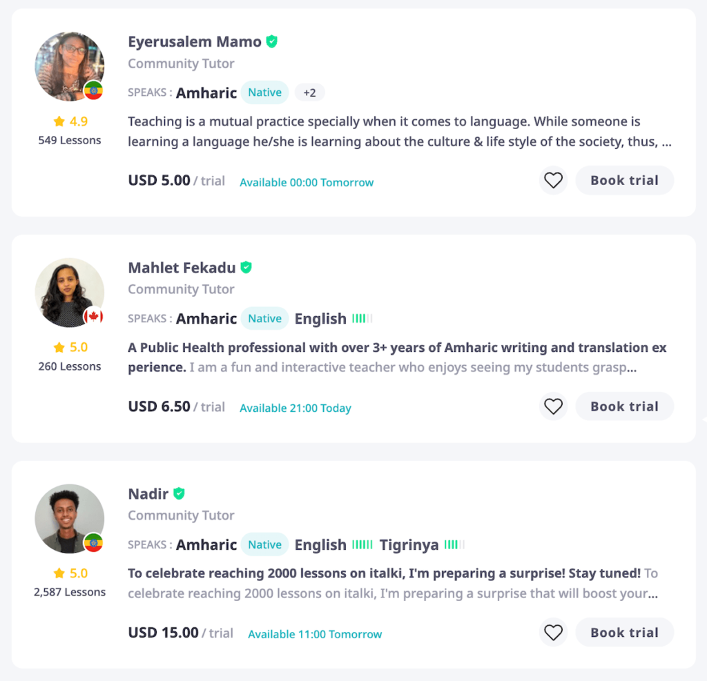 Hire Amharic tutors on italki