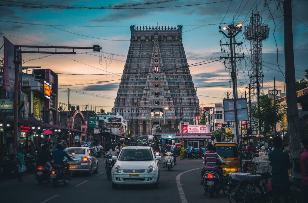 sunset over Sri Ranganathaswamy Temple in Tiruchirappalli, Tamil Nadu, India