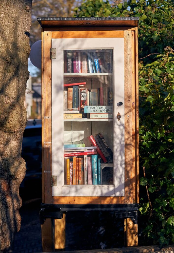 wooden bookcase outside in the Netherlands