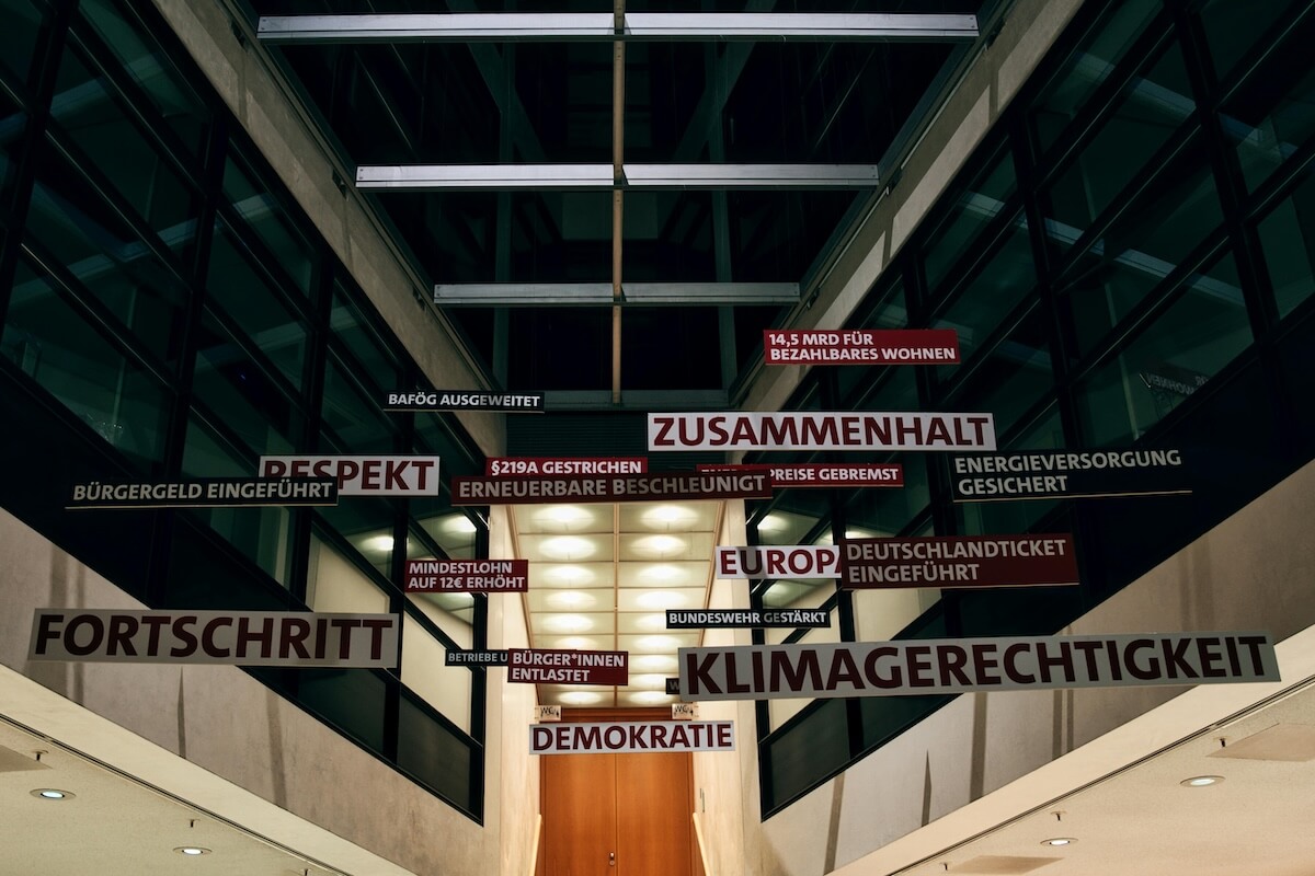 art installation in Berlin showing various German words