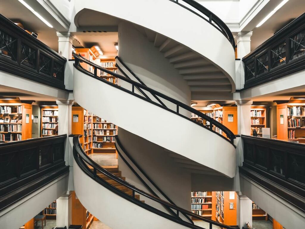 spiral staircase in a library in Helsinki, Finland