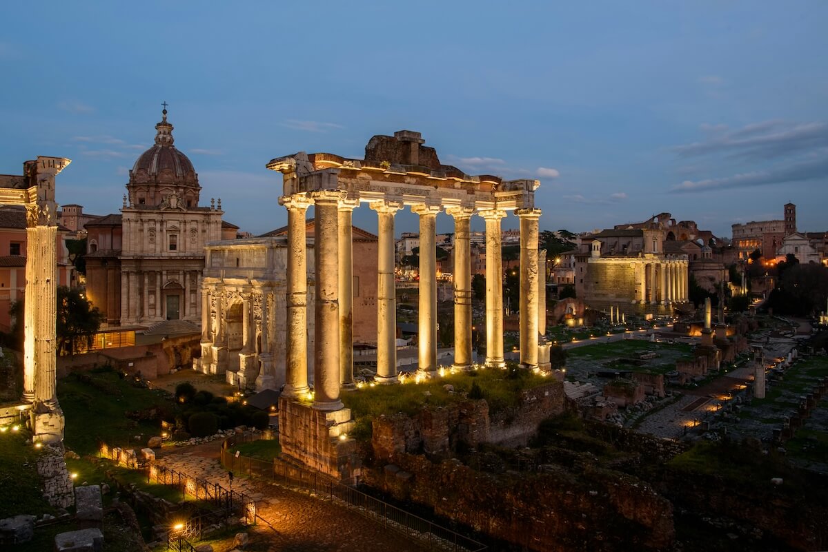 nighttime view of the Roman Forum, Rome, Italy