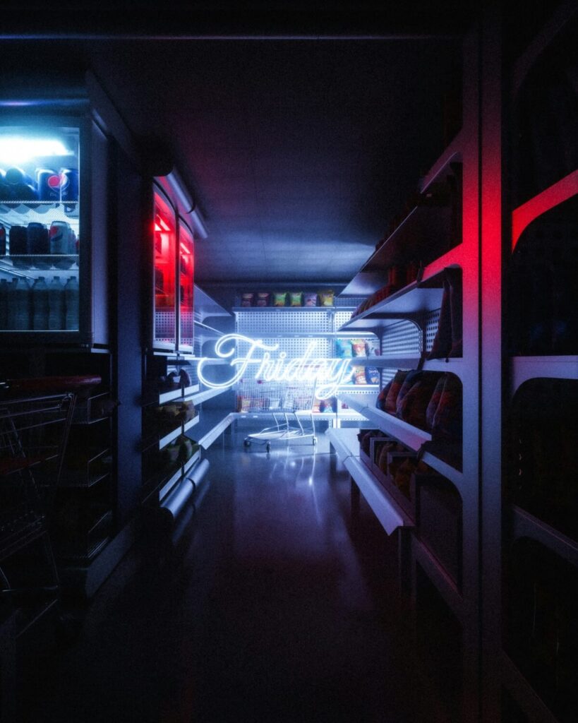 neon lit sign of Friday