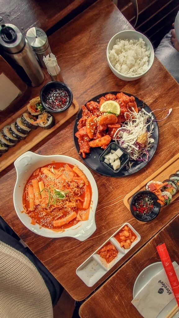 gimbap, tteokbokki, and Korean fried chicken