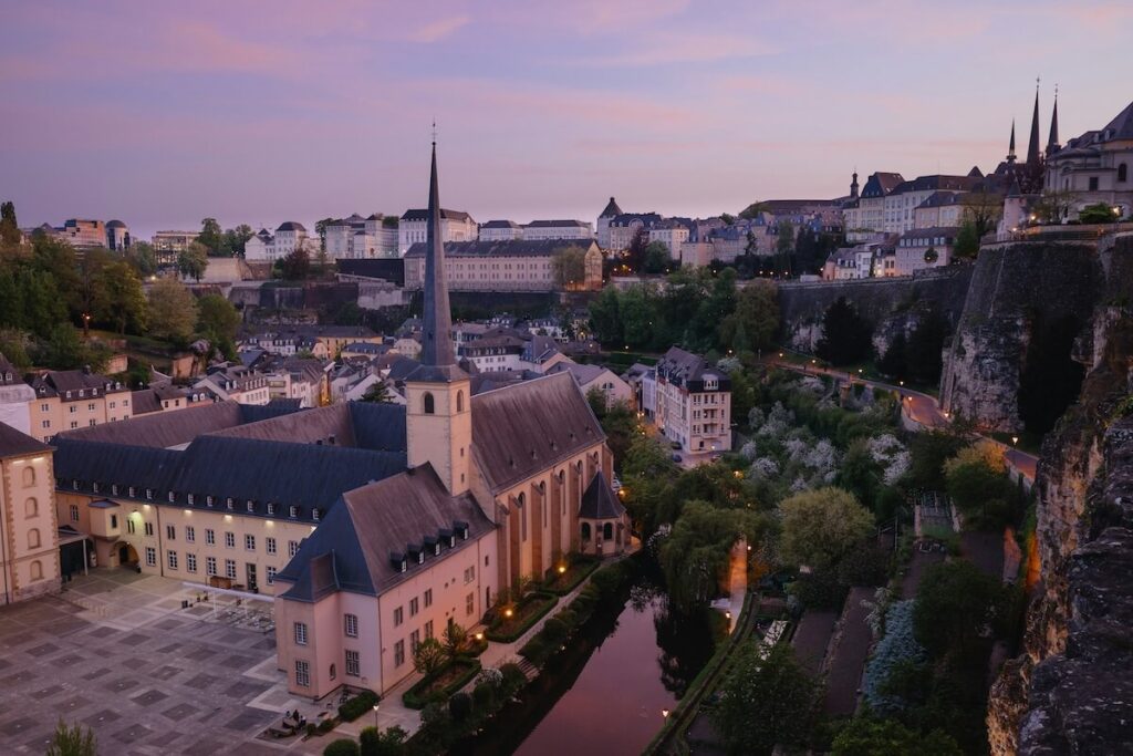 aerial view of Luxembourg City at dusk